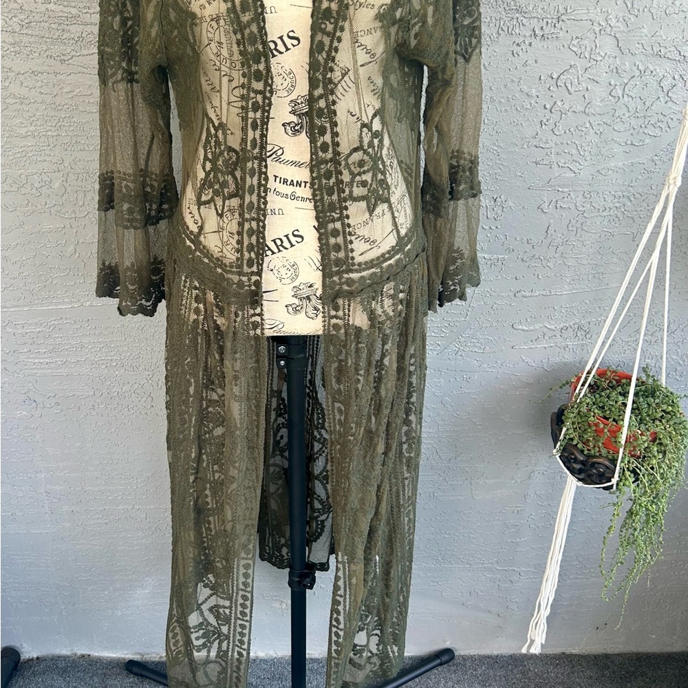 Olive Green Lace Sheer Longline Top